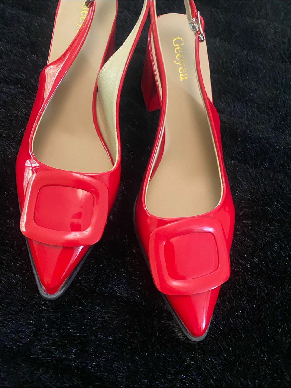 Red Patent Pointed Slingback Pumps with Decorative Square Accent